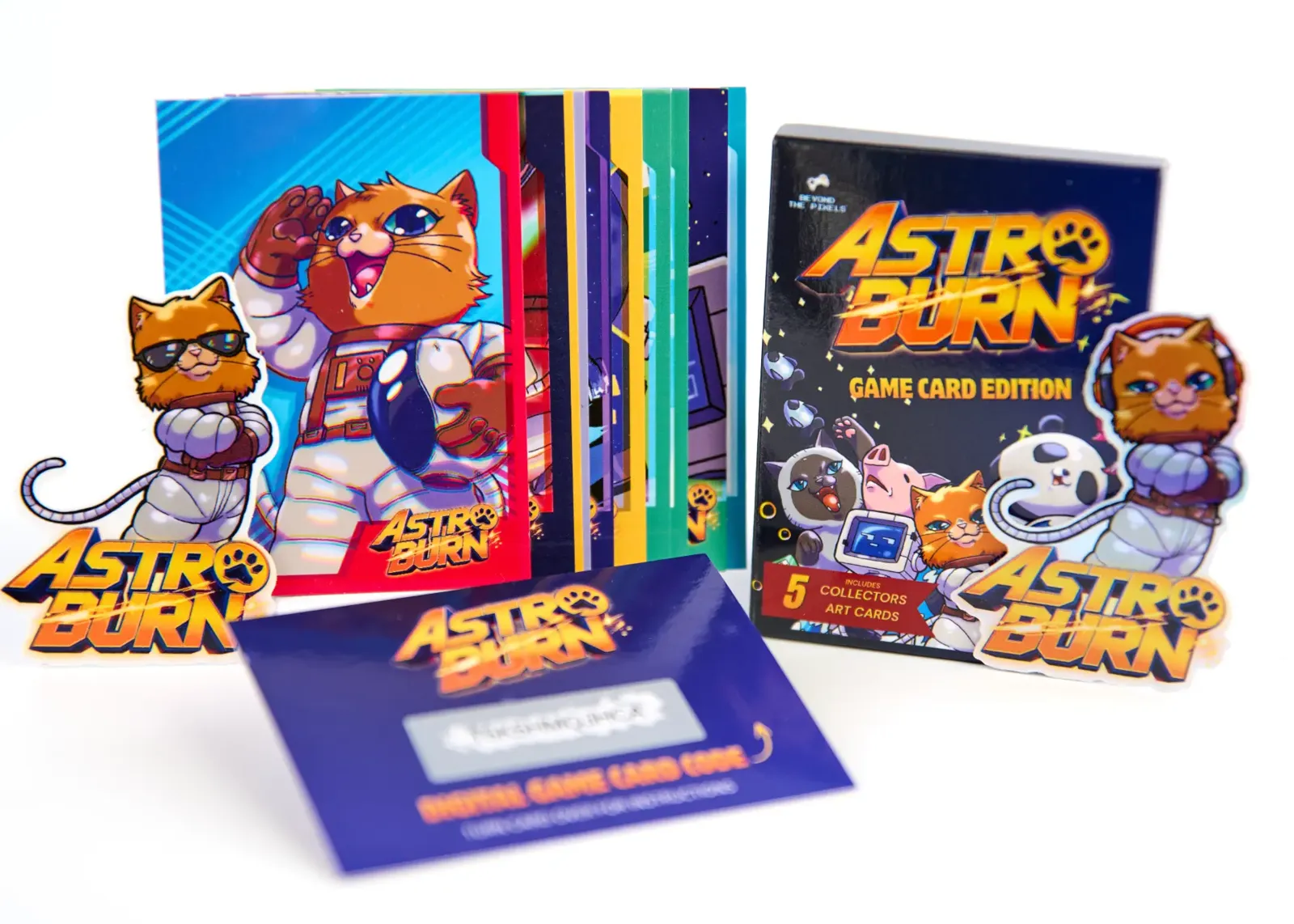 Astro Burn art cards, box, stickers and digital game card code