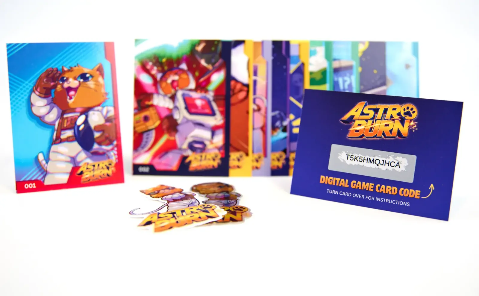 Astro Burn art cards 001 and 002 with stickers and digital game card code