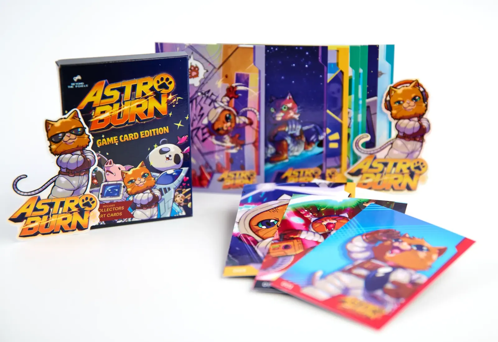 Astro Burn Game Card Edition box with holographic stickers and fanned art cards